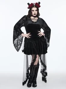 ROMWE Vintage Gothic Plus Size Lace Blouse V-Neck Tie-Up Embroidered Sheer Bell Sleeve Long Sleeve Slimming Top - Black - View 7