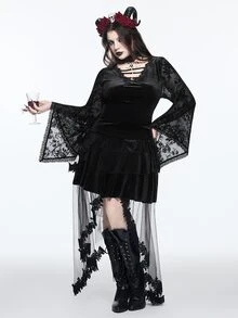 ROMWE Vintage Gothic Plus Size Lace Blouse V-Neck Tie-Up Embroidered Sheer Bell Sleeve Long Sleeve Slimming Top - Black - View 10