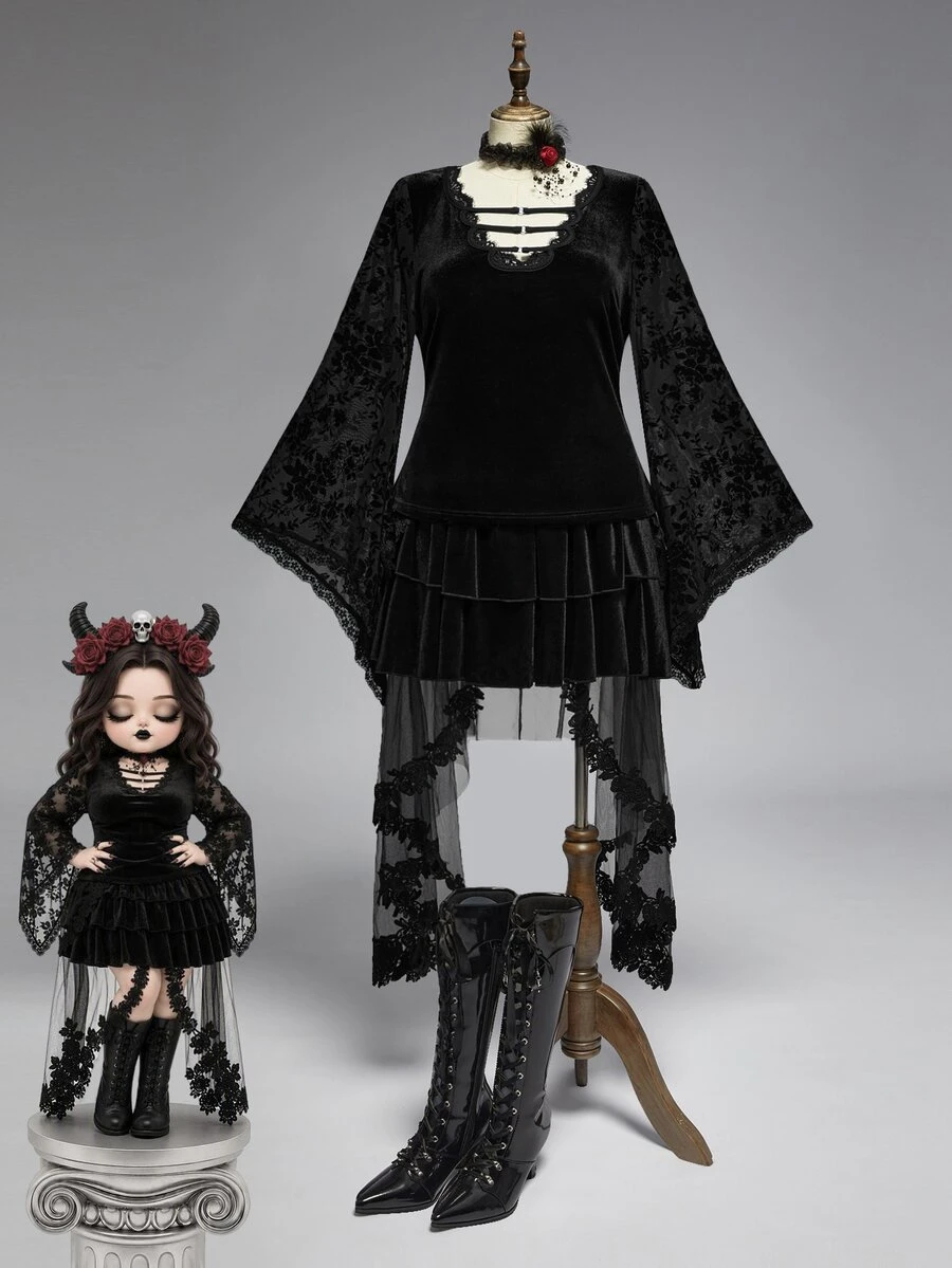 ROMWE Goth 復古哥德風大尺碼蕾絲襯衫 V領繫帶刺繡透視喇叭袖長袖修身上衣 - 黑色 - 查看 1