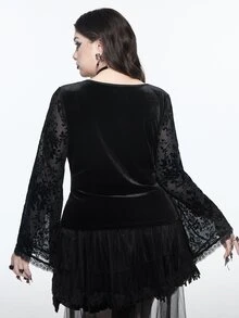 ROMWE Vintage Gothic Plus Size Lace Blouse V-Neck Tie-Up Embroidered Sheer Bell Sleeve Long Sleeve Slimming Top - Black - View 3
