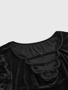 ROMWE Vintage Gothic Plus Size Lace Blouse V-Neck Tie-Up Embroidered Sheer Bell Sleeve Long Sleeve Slimming Top - Black - View 17