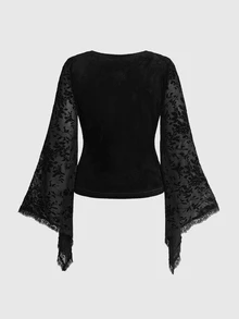 ROMWE Vintage Gothic Plus Size Lace Blouse V-Neck Tie-Up Embroidered Sheer Bell Sleeve Long Sleeve Slimming Top - Black - View 16