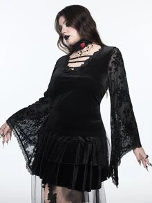 ROMWE Vintage Gothic Plus Size Lace Blouse V-Neck Tie-Up Embroidered Sheer Bell Sleeve Long Sleeve Slimming Top - Black - View 4
