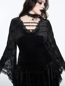 ROMWE Vintage Gothic Plus Size Lace Blouse V-Neck Tie-Up Embroidered Sheer Bell Sleeve Long Sleeve Slimming Top - Black - View 5