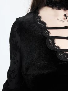 ROMWE Vintage Gothic Plus Size Lace Blouse V-Neck Tie-Up Embroidered Sheer Bell Sleeve Long Sleeve Slimming Top - Black - View 6
