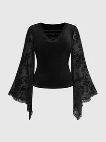 ROMWE Vintage Gothic Plus Size Lace Blouse V-Neck Tie-Up Embroidered Sheer Bell Sleeve Long Sleeve Slimming Top - Black - View 15