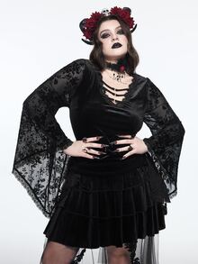 ROMWE Vintage Gothic Plus Size Lace Blouse V-Neck Tie-Up Embroidered Sheer Bell Sleeve Long Sleeve Slimming Top - Black - View 1