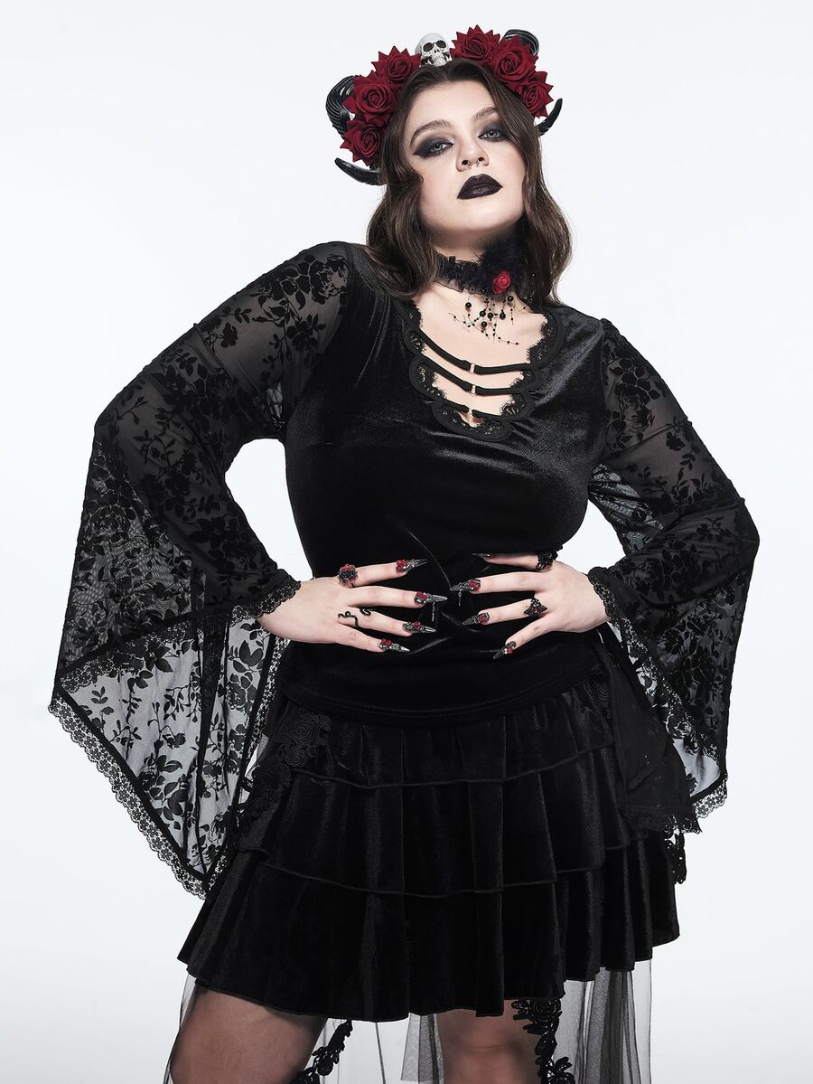 ROMWE Vintage Gothic Plus Size Lace Blouse V-Neck Tie-Up Embroidered Sheer Bell Sleeve Long Sleeve Slimming Top - Black - View 1