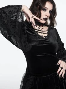 ROMWE Vintage Gothic Plus Size Lace Blouse V-Neck Tie-Up Embroidered Sheer Bell Sleeve Long Sleeve Slimming Top - Black - View 2