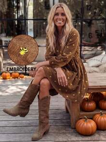 LanaWest Women's Western Casual V-Neck Corduroy Ribbed Embroidered Floral Ruched Babydoll Short Dress - Brown - View 1