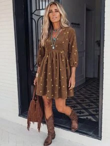 LanaWest Women's Western Casual V-Neck Corduroy Ribbed Embroidered Floral Ruched Babydoll Short Dress - Brown - View 5
