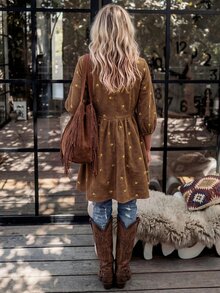 LanaWest Women's Western Casual V-Neck Corduroy Ribbed Embroidered Floral Ruched Babydoll Short Dress - Brown - View 2
