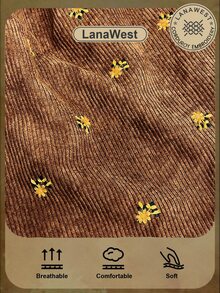LanaWest Women's Western Casual V-Neck Corduroy Ribbed Embroidered Floral Ruched Babydoll Short Dress - Brown - View 6