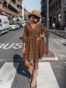 LanaWest Women's Western Casual V-Neck Corduroy Ribbed Embroidered Floral Ruched Babydoll Short Dress - Brown - View 7