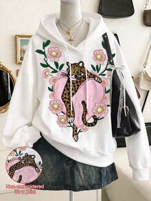 GlowEve CURVE Plus Size Women's Floral & Animal Print Drawstring Hooded Casual Everyday Sweatshirt - White - View 9