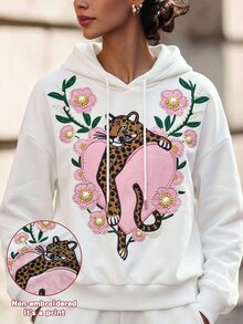 GlowEve CURVE Plus Size Women's Floral & Animal Print Drawstring Hooded Casual Everyday Sweatshirt - White - View 1