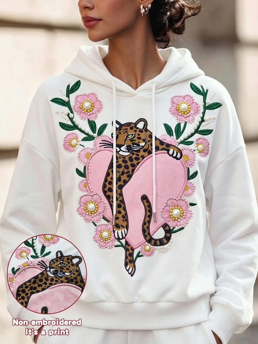 GlowEve CURVE Plus Size Women's Floral & Animal Print Drawstring Hooded Casual Everyday Sweatshirt - White - View 1