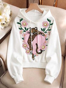 GlowEve CURVE Plus Size Women's Floral & Animal Print Drawstring Hooded Casual Everyday Sweatshirt - White - View 8