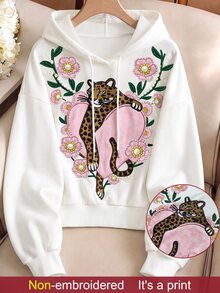 GlowEve CURVE Plus Size Women's Floral & Animal Print Drawstring Hooded Casual Everyday Sweatshirt - White - View 3