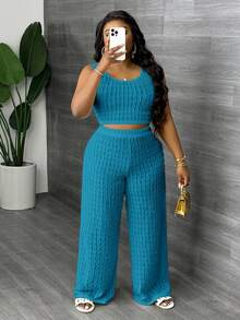 Veslaya 大码修身纯白色长款休闲背心和阔腿裤两件套，春夏款 - 水鴨藍 - 查看 6
