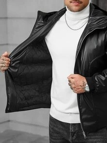 Manfinity CasualCool 男士長袖保暖拉鍊連帽外套，黑色街頭風 Y2K 冬季外套 - 黑色 - 查看 5