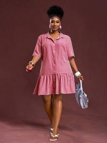 Slaydiva Plus Size Women Striped Short Sleeve Single-Breasted Ruffle Hem Casual Shirt Dress - Red - View 5