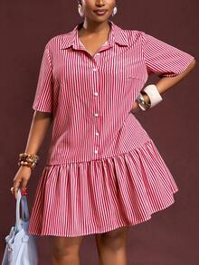 Slaydiva Plus Size Women Striped Short Sleeve Single-Breasted Ruffle Hem Casual Shirt Dress - Red - View 6