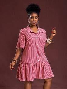Slaydiva Plus Size Women Striped Short Sleeve Single-Breasted Ruffle Hem Casual Shirt Dress - Red - View 4