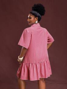 Slaydiva Plus Size Women Striped Short Sleeve Single-Breasted Ruffle Hem Casual Shirt Dress - Red - View 2