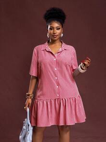 Slaydiva Plus Size Women Striped Short Sleeve Single-Breasted Ruffle Hem Casual Shirt Dress - Red - View 8