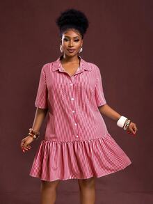 Slaydiva Plus Size Women Striped Short Sleeve Single-Breasted Ruffle Hem Casual Shirt Dress - Red - View 3