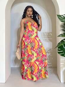 Veslaya Plus Size Women Tropical Floral Print Casual Sleeveless Dress, Summer Holiday Style Spring - Multicolor - View 5