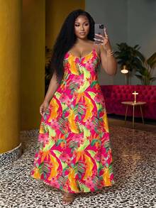 Veslaya Plus Size Women Tropical Floral Print Casual Sleeveless Dress, Summer Holiday Style Spring - Multicolor - View 1