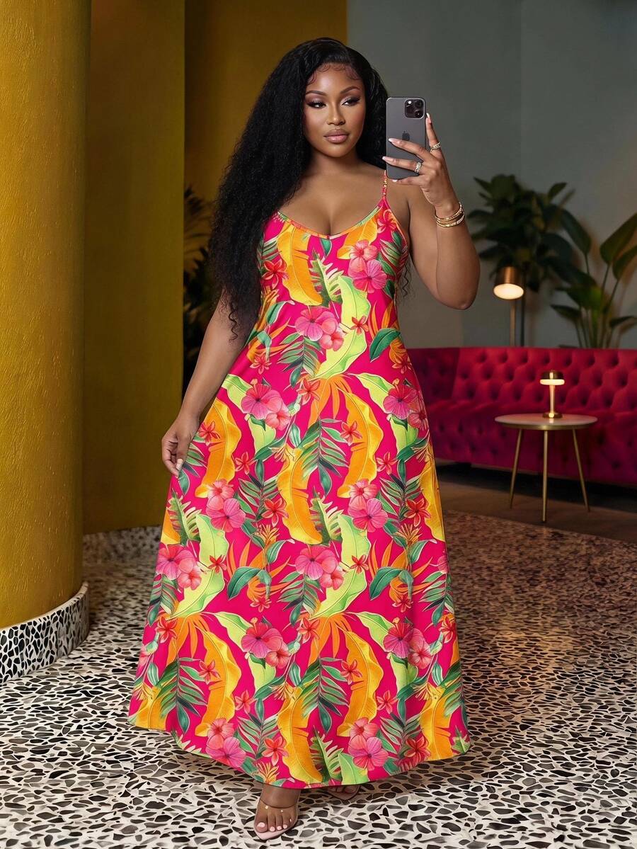 Veslaya Plus Size Women Tropical Floral Print Casual Sleeveless Dress, Summer Holiday Style Spring - Multicolor - View 1