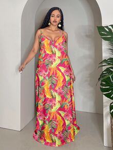 Veslaya Plus Size Women Tropical Floral Print Casual Sleeveless Dress, Summer Holiday Style Spring - Multicolor - View 4