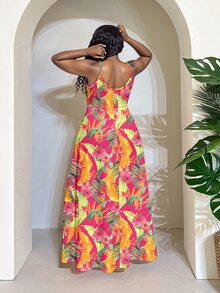 Veslaya Plus Size Women Tropical Floral Print Casual Sleeveless Dress, Summer Holiday Style Spring - Multicolor - View 2
