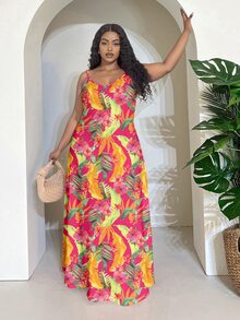 Veslaya Plus Size Women Tropical Floral Print Casual Sleeveless Dress, Summer Holiday Style Spring - Multicolor - View 3