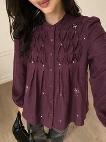 Solavon Women's Elegant Romantic Embroidered Pleated Button Long Sleeve Blouse Date Burgundy Autumn - Burgundy - View 2