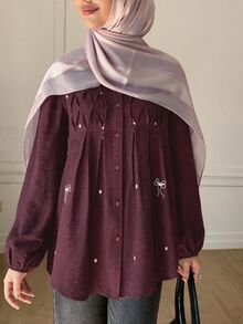 Solavon Women's Elegant Romantic Embroidered Pleated Button Long Sleeve Blouse Date Burgundy Autumn - Burgundy - View 4
