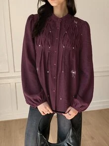 Solavon Women's Elegant Romantic Embroidered Pleated Button Long Sleeve Blouse Date Burgundy Autumn - Burgundy - View 5