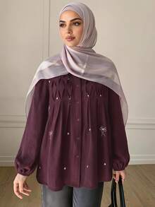 Solavon Women's Elegant Romantic Embroidered Pleated Button Long Sleeve Blouse Date Burgundy Autumn - Burgundy - View 3