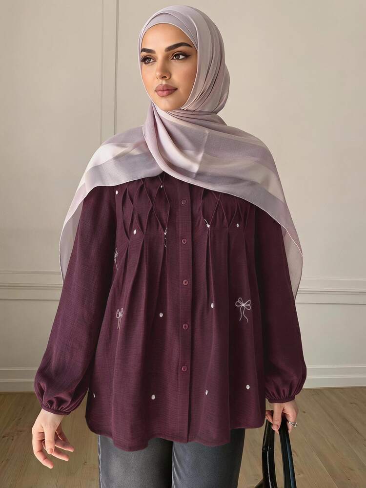 Solavon Women's Elegant Romantic Embroidered Pleated Button Long Sleeve Blouse Date Burgundy Autumn - Burgundy - View 3