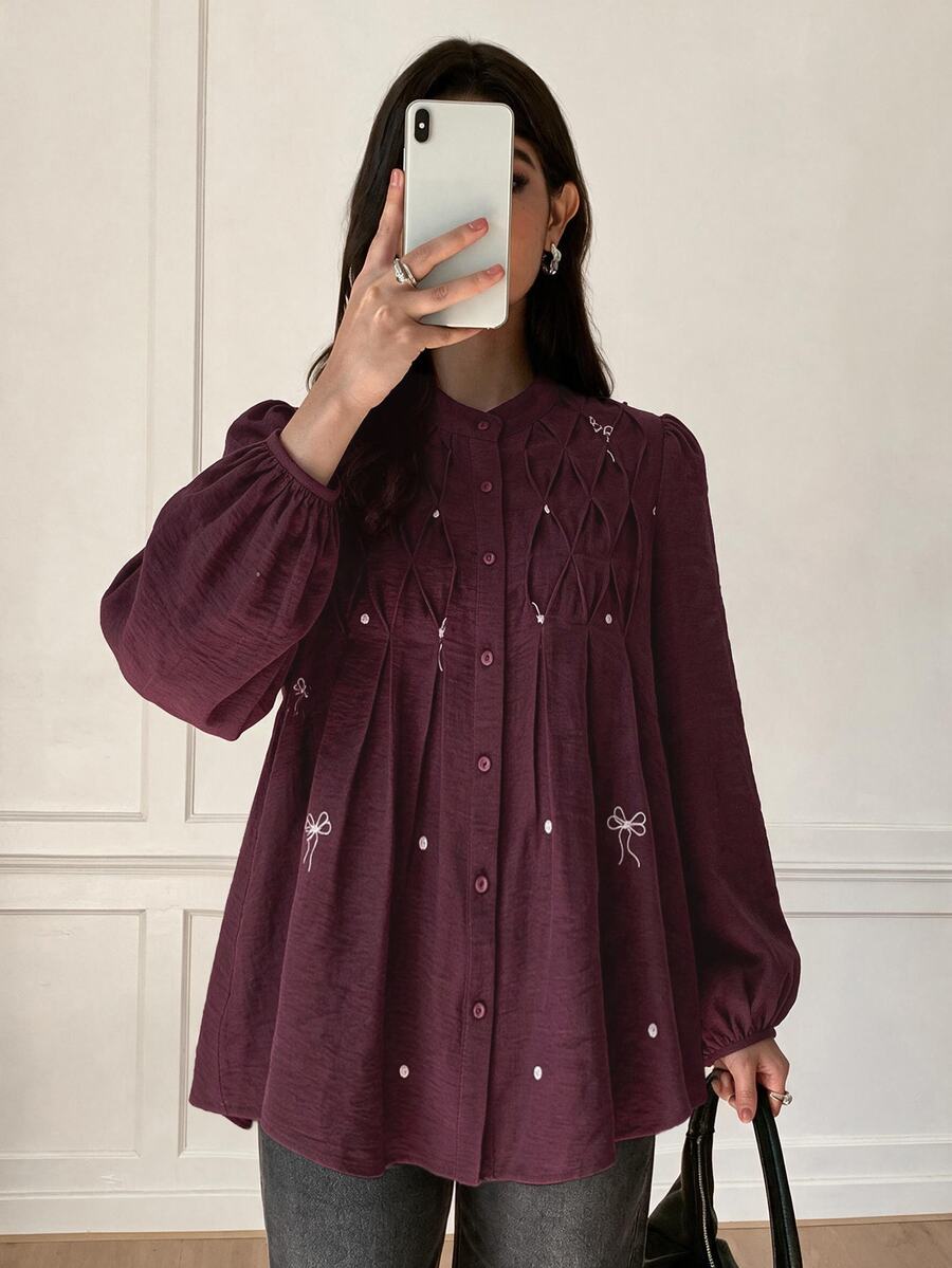 Solavon Women's Elegant Romantic Embroidered Pleated Button Long Sleeve Blouse Date Burgundy Autumn - Burgundy - View 1