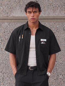 ESTAVOR Men's Letter Print Pocket Design Short Sleeve Shirt - Black - View 1