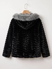 SHEIN CURVE+ Jaket Fleece Berkerudung Kasual Lengan Panjang Musim Gugur/Dingin untuk Wanita Ukuran Besar - Hitam - View 6