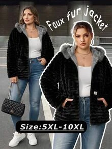 SHEIN CURVE+ Jaket Fleece Berkerudung Kasual Lengan Panjang Musim Gugur/Dingin untuk Wanita Ukuran Besar - Hitam - View 1