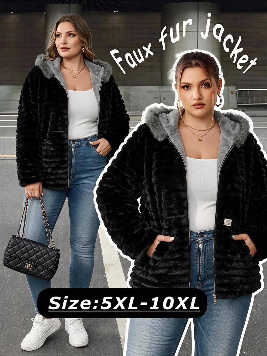 SHEIN CURVE+ Jaket Fleece Berkerudung Kasual Lengan Panjang Musim Gugur/Dingin untuk Wanita Ukuran Besar - Hitam - View 1