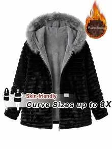 SHEIN CURVE+ Jaket Fleece Berkerudung Kasual Lengan Panjang Musim Gugur/Dingin untuk Wanita Ukuran Besar - Hitam - View 5