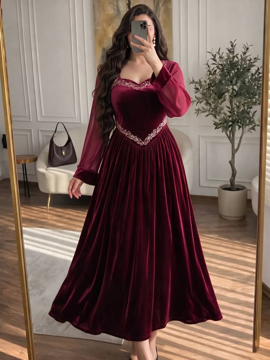 Modelyn Women's Square Neck Flare Sleeve Heavy Embroidery Exquisite Velvet High-End Elegant Evening Party Dress Plus Size Autumn/Winter - Burgundy - View 1