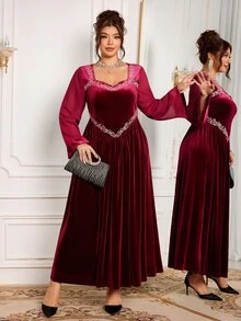 Modelyn Women's Square Neck Flare Sleeve Heavy Embroidery Exquisite Velvet High-End Elegant Evening Party Dress Plus Size Autumn/Winter - Burgundy - View 6